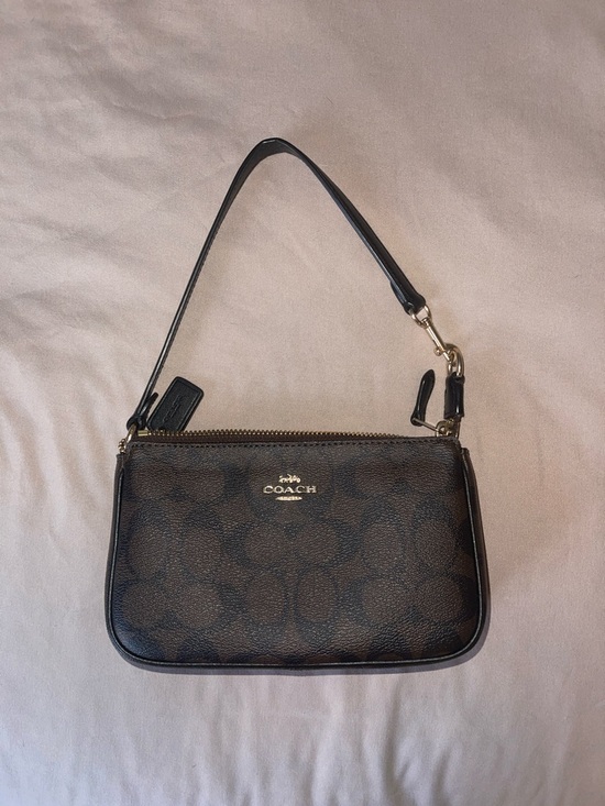 Coach Handbags - COACH Signature Leather Wristlet (Nolita 19) in Brown/Black - Gold Hardware